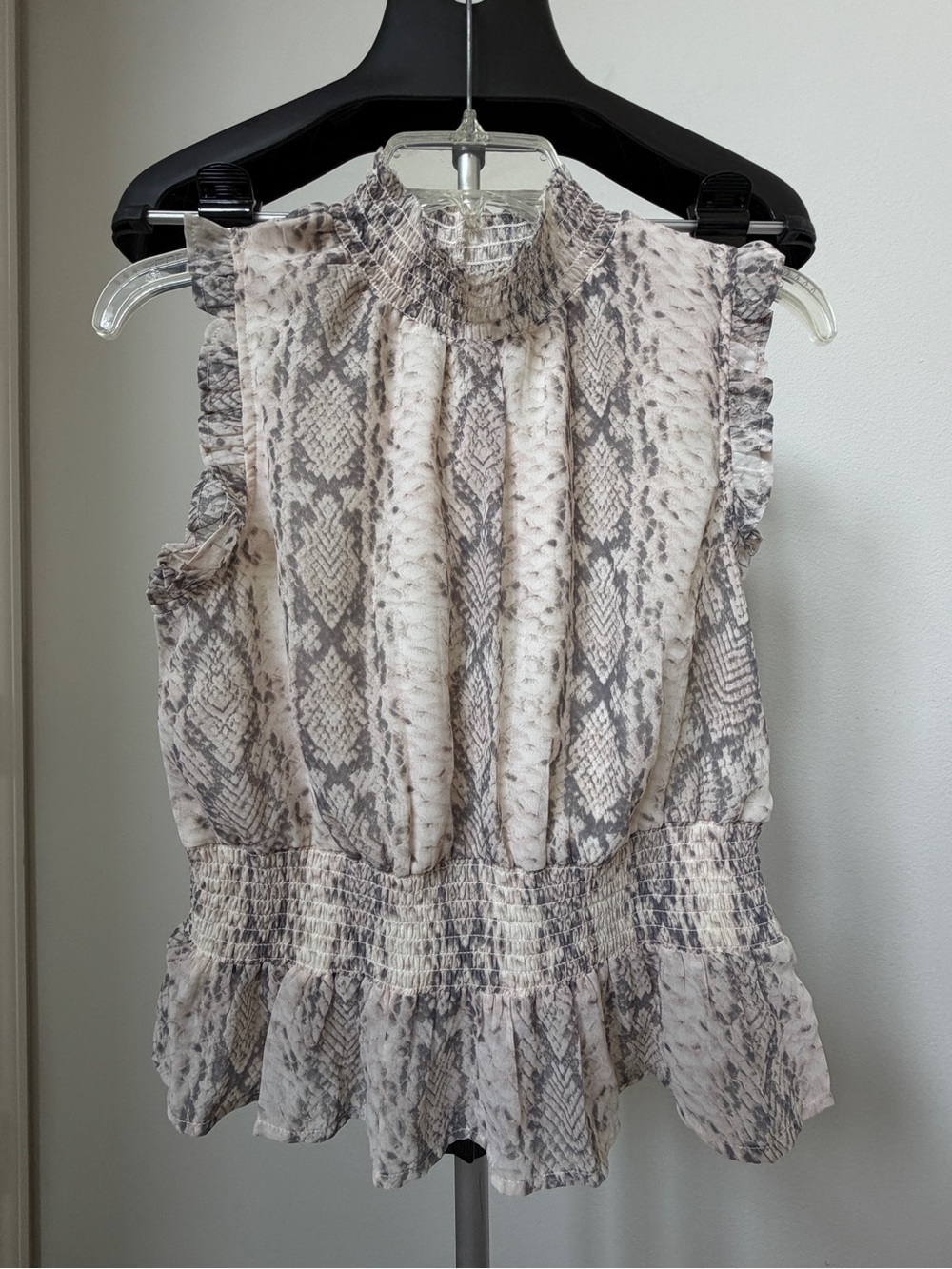 Snake Print Ruffled Shell Top - Neutral